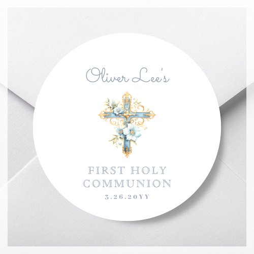 Blue Floral Cross First Holy Communion Classic Round Sticker