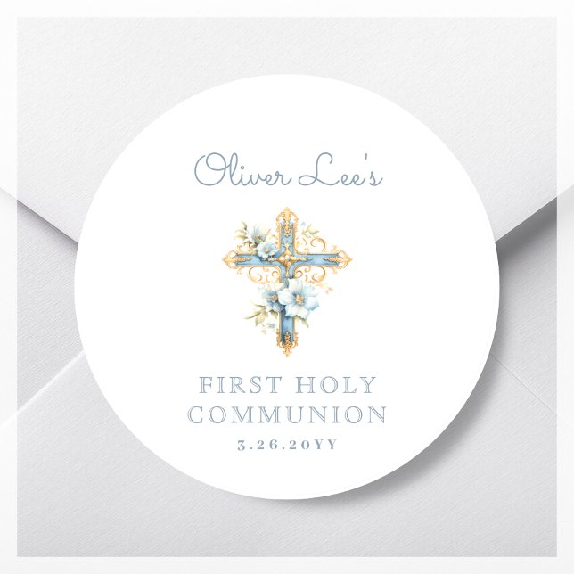 Blue Floral Cross First Holy Communion Classic Round Sticker (Creator Uploaded)
