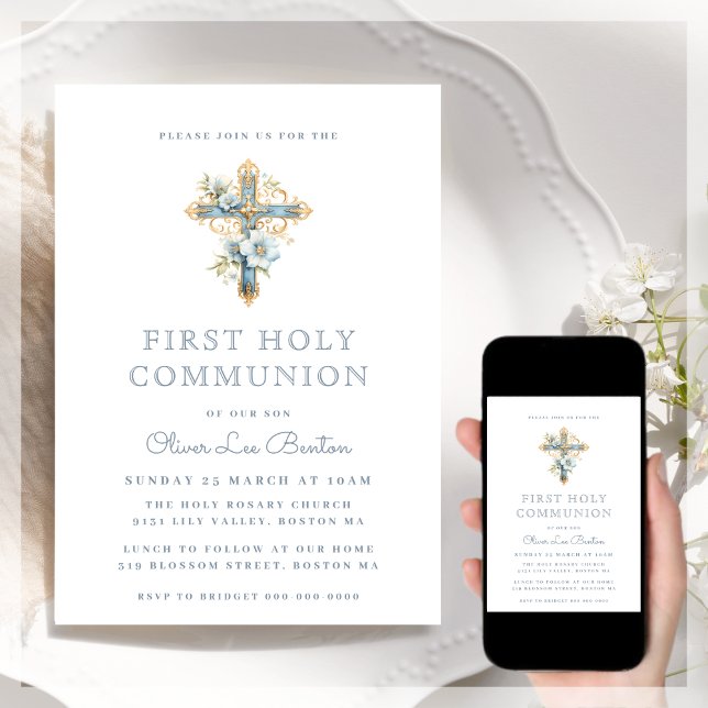 Blue Floral Cross | First Holy Communion  Invitation (Creator Uploaded)