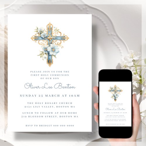Blue Floral Cross  First Holy Communion Invitation
