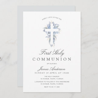 blue floral cross first holy communion invitation