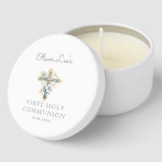 Blue Floral Cross First Holy Communion Mini Candle Favors