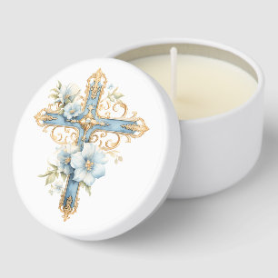 Blue Floral Cross First Holy Communion Mini Candle Favors