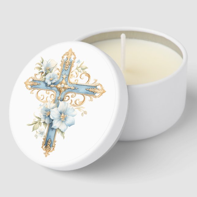 Blue Floral Cross First Holy Communion Mini Candle Favors (Corner)