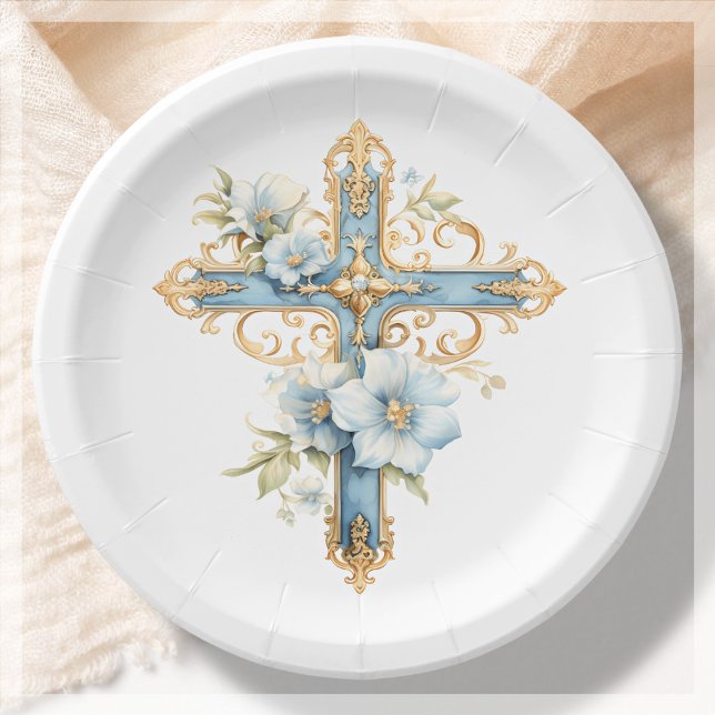 Blue Floral Cross First Holy Communion Paper Plates (Creator Uploaded)