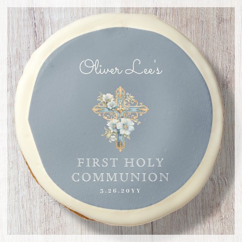 Blue Floral Cross First Holy Communion Sugar Cookie