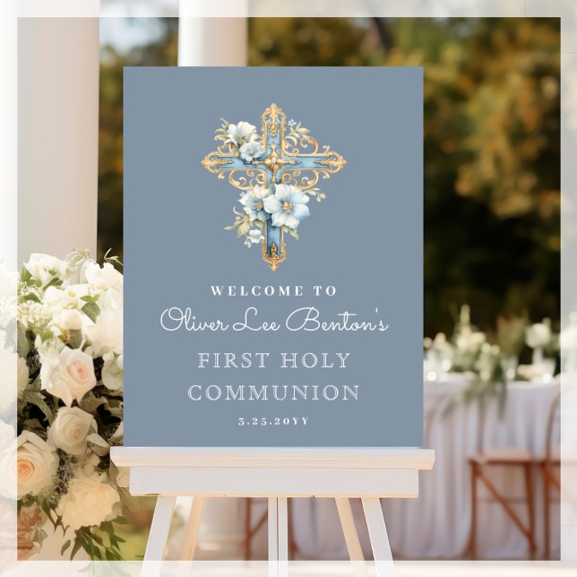 Blue Floral Cross First Holy Communion Welcome Foam Board (Creator Uploaded)