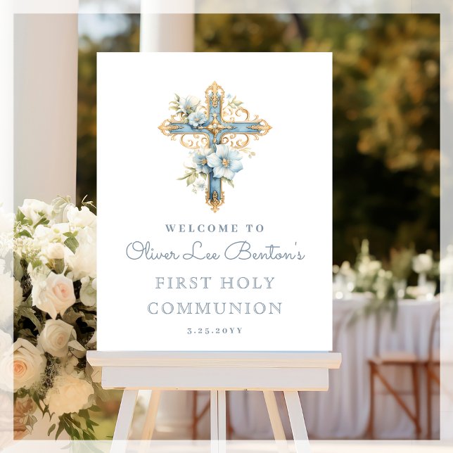 Blue Floral Cross First Holy Communion Welcome Foam Board (Creator Uploaded)