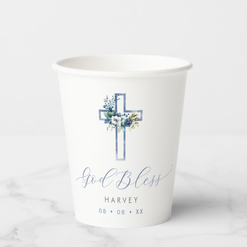 Blue Floral Cross God Bless Baptism Paper Cups