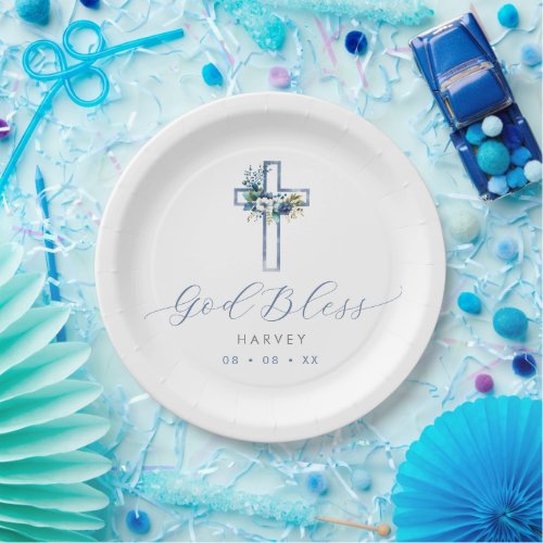 Blue Floral Cross God Bless Baptism Paper Plates