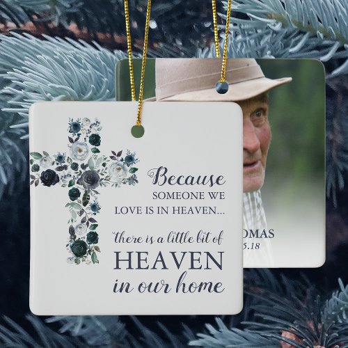 Blue Floral Cross  Memorial Photo Christmas Ceramic Ornament