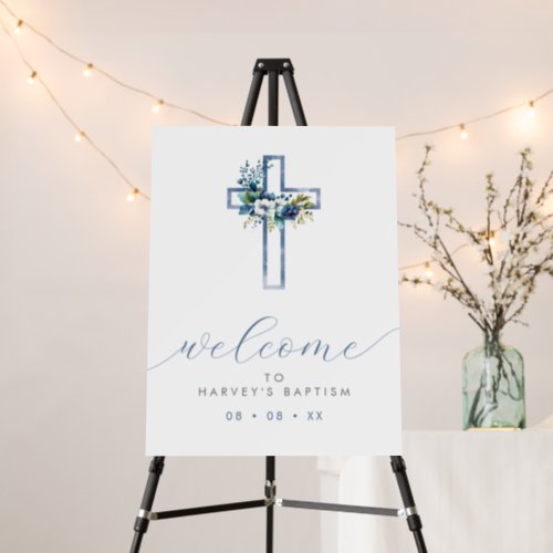 Blue Floral Cross Modern Script Welcome Foam Board