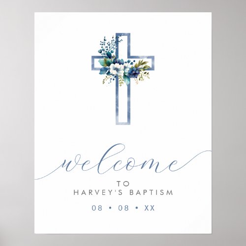 Blue Floral Cross Modern Script Welcome Poster