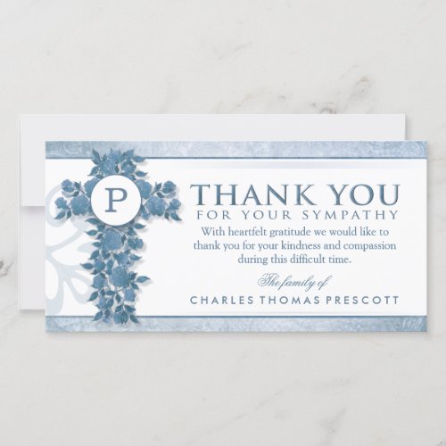 Blue Floral Cross Monogram Thank You Sympathy