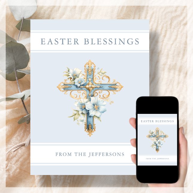 Blue Floral Cross Religious Easter Blessings  Holiday Card (Creator Uploaded)