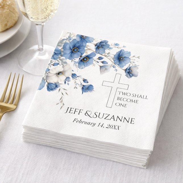 Blue Floral Cross Two Become One Wedding  Napkins (Creator Uploaded)