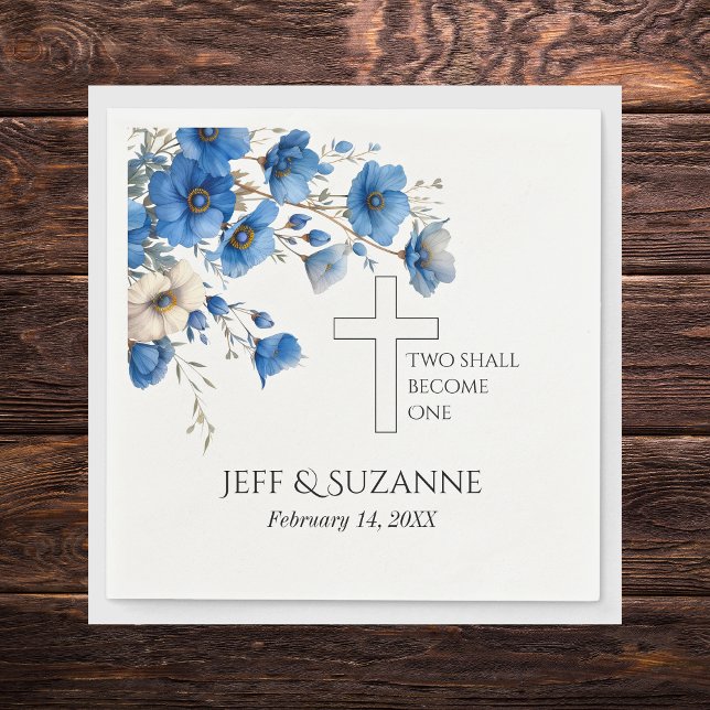 Blue Floral Cross Two Become One Wedding  Napkins (Blue Floral Cross Two Become One Wedding Napkins)
