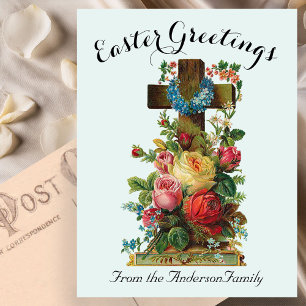 Blue Floral Cross Vintage Easter Religious Postcard
