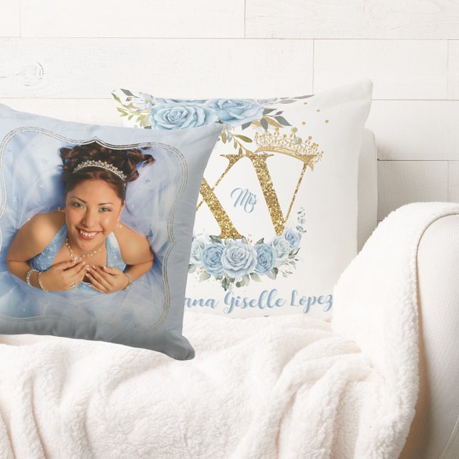 Blue Floral Crown XV QUINCEAÑERA Keepsake Photo Throw Pillow (Creator Uploaded)