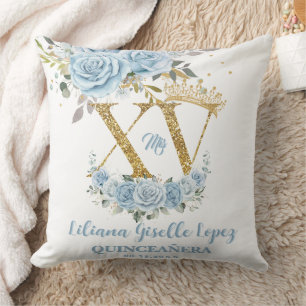 Blue Floral Crown XV QUINCEAÑERA Quince Keepsake Throw Pillow