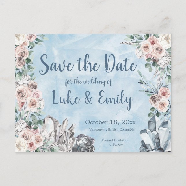 Blue Floral & Crystals Wedding Save the Date Postcard (Front)