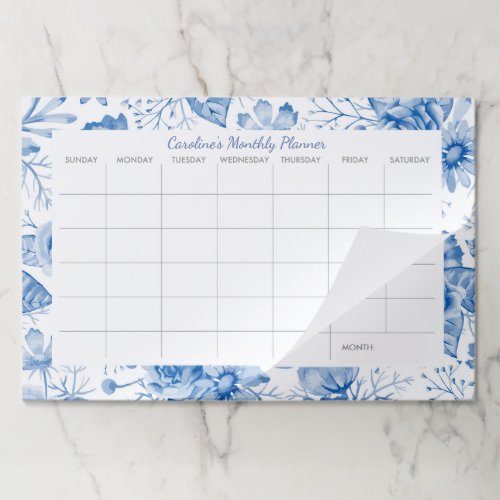 Blue Floral Custom Desk Pad Monthly Planner