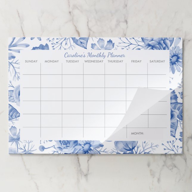 Blue Floral Custom Desk Pad Monthly Planner (Folded)