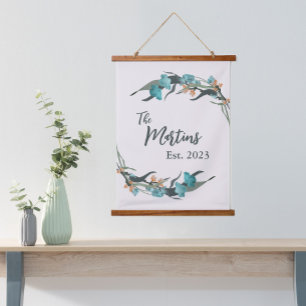 Blue Floral Custom Family Established Date Hanging Tapestry