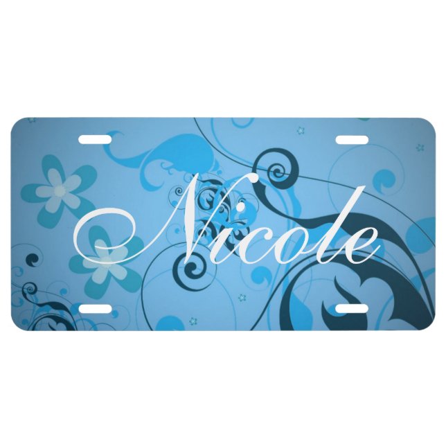 Blue Floral Custom License Plate (Front)