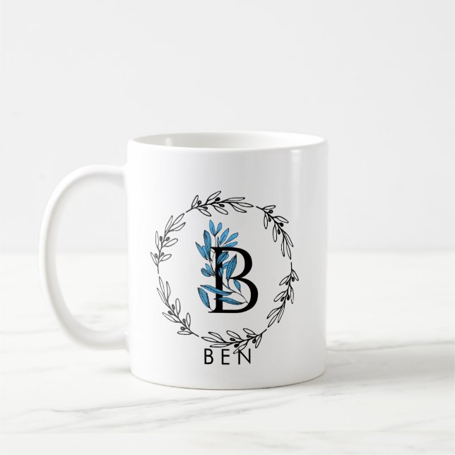 Blue Floral Custom Monogram - Letter B Coffee Mug (Left)