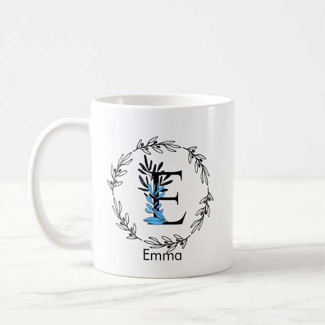 Blue Floral Custom Monogram - Letter E Coffee Mug (Left)