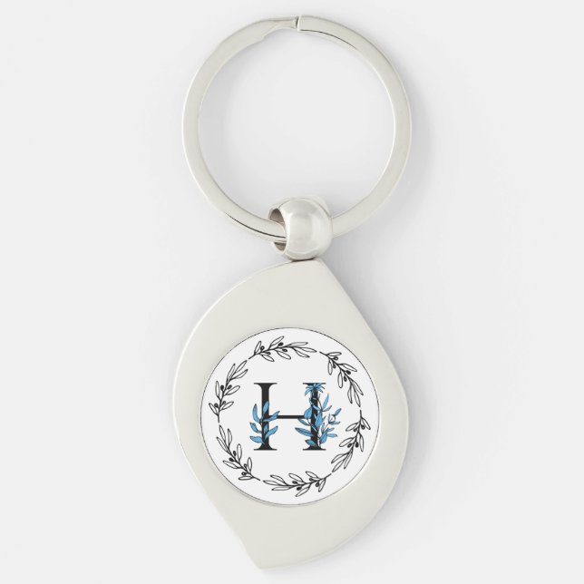 Blue Floral Custom Monogram - Letter H Keychain (Front)