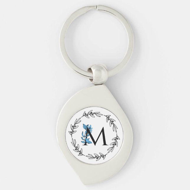Blue Floral Custom Monogram - Letter M Keychain (Front)