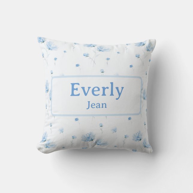 Blue Floral Custom Name Decor Baby Nursery Throw Pillow (Front)