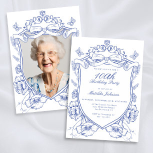 Blue Floral Custom Photo 100th Birthday Party Invitation