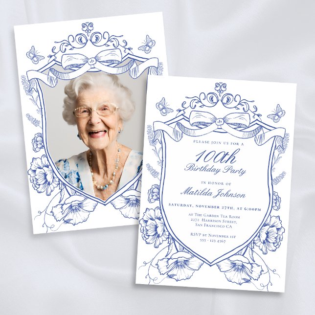 Blue Floral Custom Photo 100th Birthday Party Invitation (Blue Floral Custom Photo 100th Birthday Party Invitation)