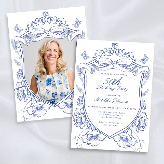 Blue Floral Custom Photo 50th Birthday Party Invitation (Blue Floral Custom Photo 50th Birthday Party Invitation)