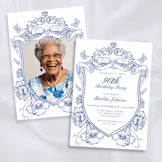 Blue Floral Custom Photo 90th Birthday Party Invitation (Blue Floral Custom Photo 90th Birthday Party Invitation)