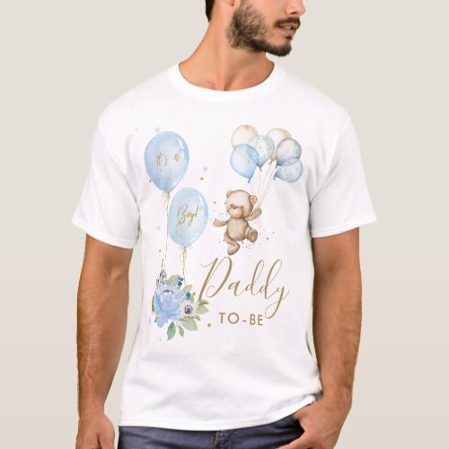 Blue Floral Cute Bear Boy Baby Shower Daddy to be  T_Shirt