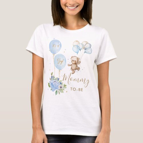 Blue Floral Cute Bear Boy Baby Shower Mommy to be  T_Shirt