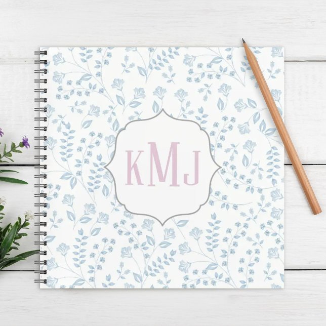 Blue Floral Cute Chic Pattern Monogram Initials Notebook (Pretty blue floral pattern square notebook with pink monogram initials)
