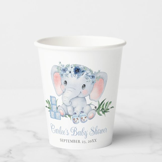 Blue Floral Cute Elephant Baby Boy Baby Shower Paper Cups (Front)