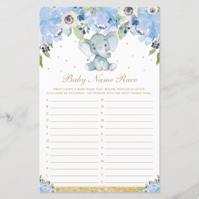 Blue Floral Cute Elephant Baby Name Race Game (Front)
