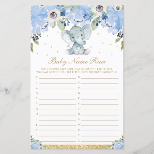 Blue Floral Cute Elephant Baby Name Race Game