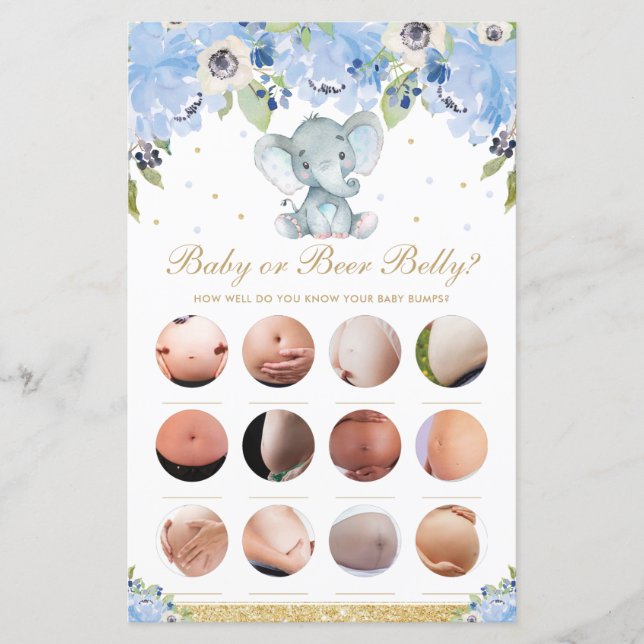 Blue Floral Cute Elephant Baby or Beer Belly Game (Front)