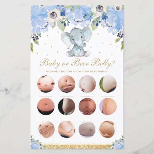 Blue Floral Cute Elephant Baby or Beer Belly Game