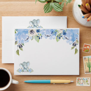 Blue Floral Cute Elephant Baby Shower Birthday Envelope