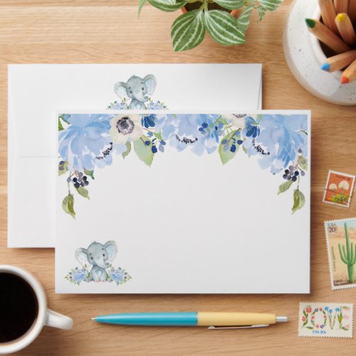 Blue Floral Cute Elephant Baby Shower Birthday  Envelope