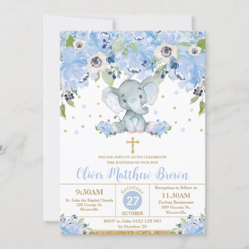 Blue Floral Cute Elephant Baptism Christening Invitation