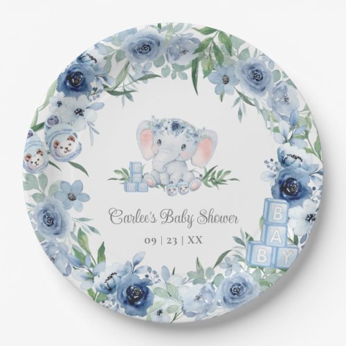 Blue Floral Cute Elephant Boy Baby Shower Paper Plates